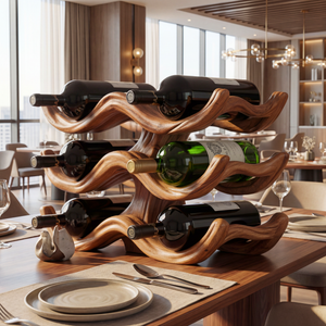 Sculptural Solid Wood Wine Rack Wave Form Bottle Holder Multi Layer Countertop Display