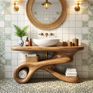 Organic Modern Wood Bathroom Vanity with Sculptural Open Storage Base