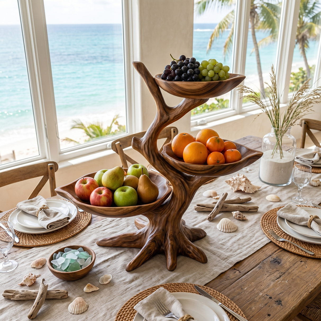 Solid Wood Three Tier Fruit Bowl Stand with Sculptural Branch Design