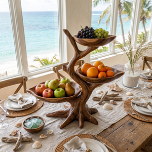 Solid Wood Three Tier Fruit Bowl Stand with Sculptural Branch Design