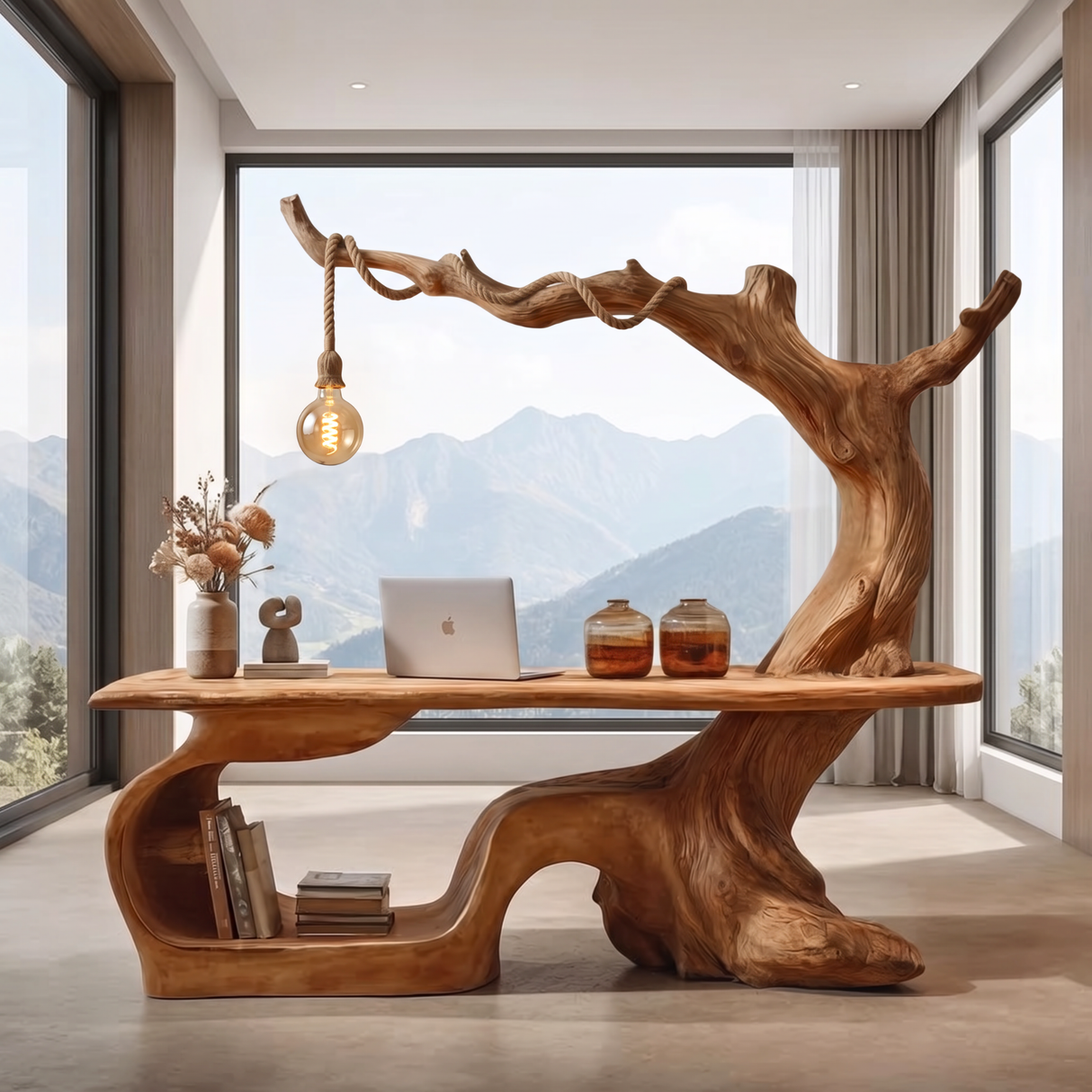 Handmade Solid Wood Tree Desk With Hanging Lamp Organic Modern Sculptural Office Table