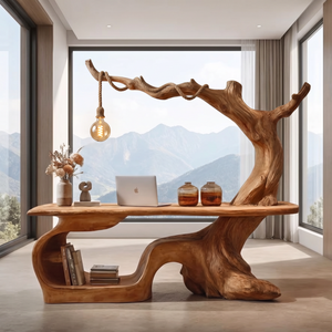 Handmade Solid Wood Tree Desk With Hanging Lamp Organic Modern Sculptural Office Table
