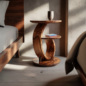 Sculptural Solid Wood Curved Side Table with Round Base