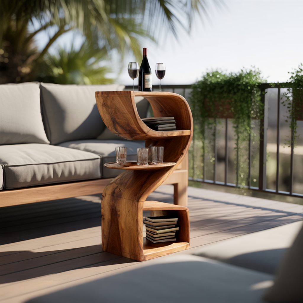 Solid Wood Sculptural Side Table with Curved Storage for Living Room