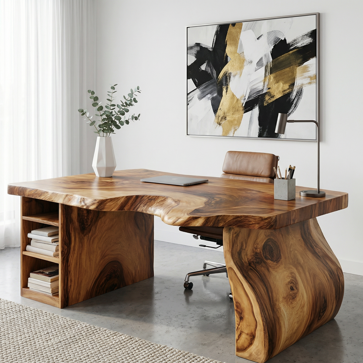 Solid Wood Executive Desk with Sculptural Panel Legs and Open Shelf