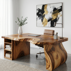 Solid Wood Executive Desk with Sculptural Panel Legs and Open Shelf