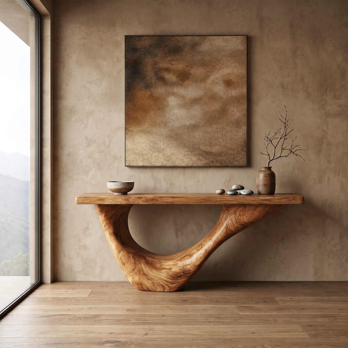 Console Table Solid Wood with Sweeping Open Crescent Base
