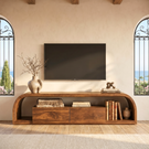 TV Console Solid Wood with Rounded Frame and Cabinet Storage for Living Room