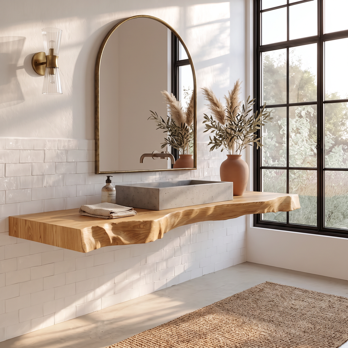 Solid Wood Floating Bathroom Vanity Shelf with Thick Live Edge Slab