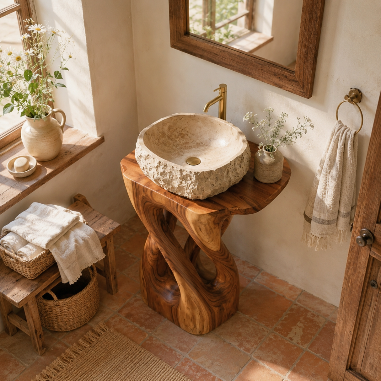 Organic Carved Solid Wood Pedestal Sink Stand with Open Sculptural Form