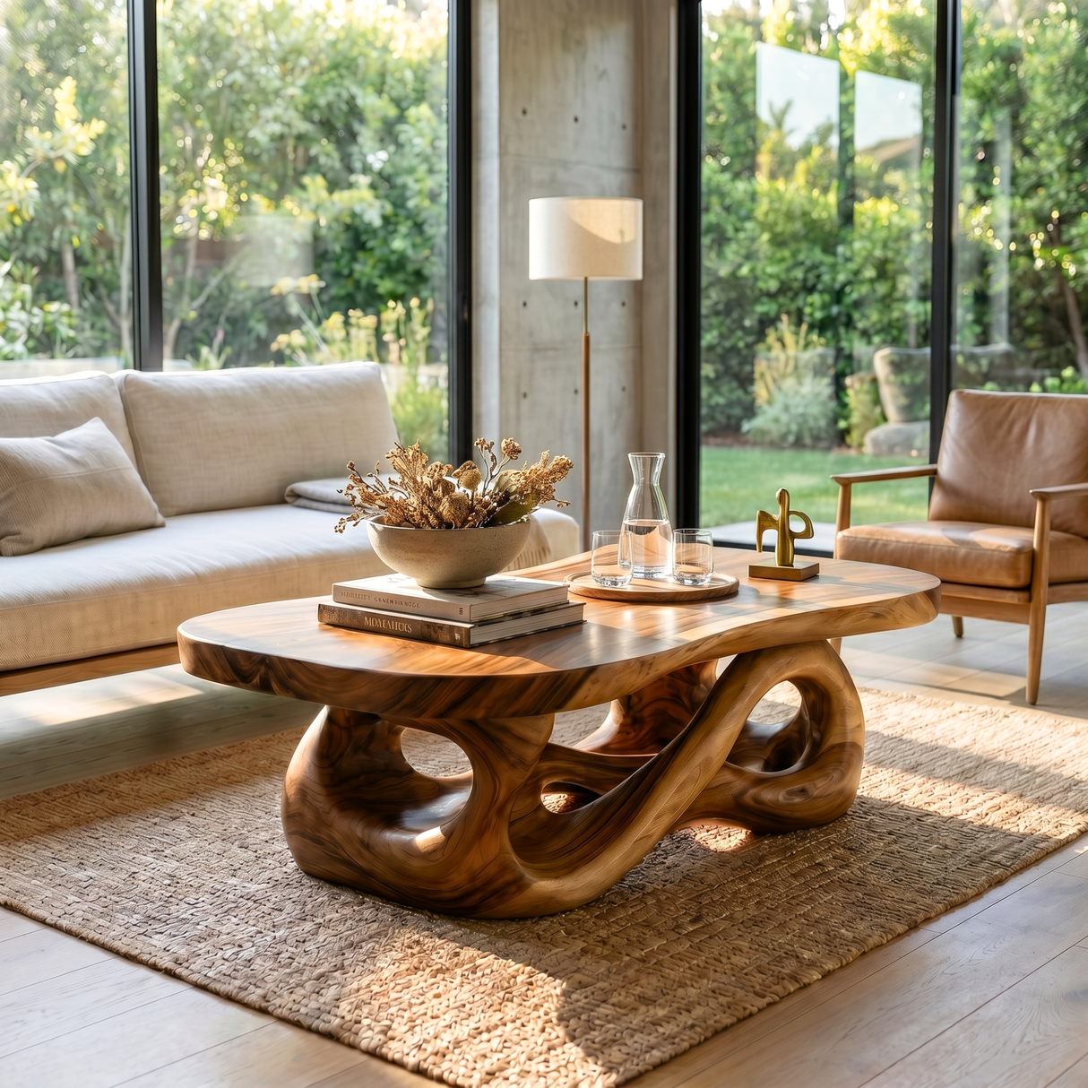 Hand-Carved Solid Wood Coffee Table with Flowing Hollow Base and Natural Slab Top