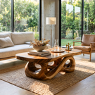 Hand-Carved Solid Wood Coffee Table with Flowing Hollow Base and Natural Slab Top