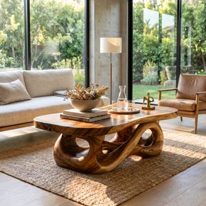 Hand-Carved Solid Wood Coffee Table with Flowing Hollow Base and Natural Slab Top