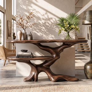 Console Table Solid Wood with Sculptural Branching Two Tier Base for Entryway Decor