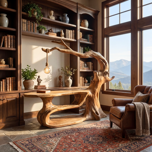 Sculptural Solid Wood Desk with Integrated Hanging Lamp, Organic Writing Table, Artistic Reading Nook Desk
