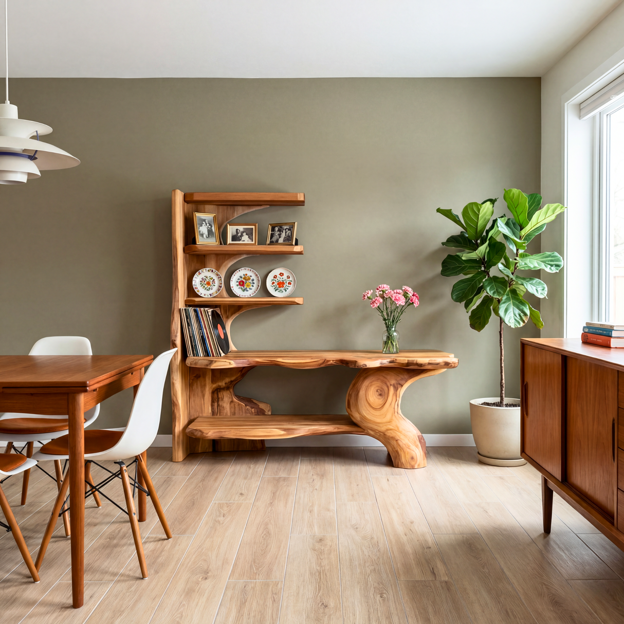Organic Sculptural Solid Wood Console Table with Asymmetrical Shelving Artistic Freeform Console Table