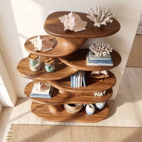 Cascade Form Wood Display Shelf with Sculpted Tiered Platforms