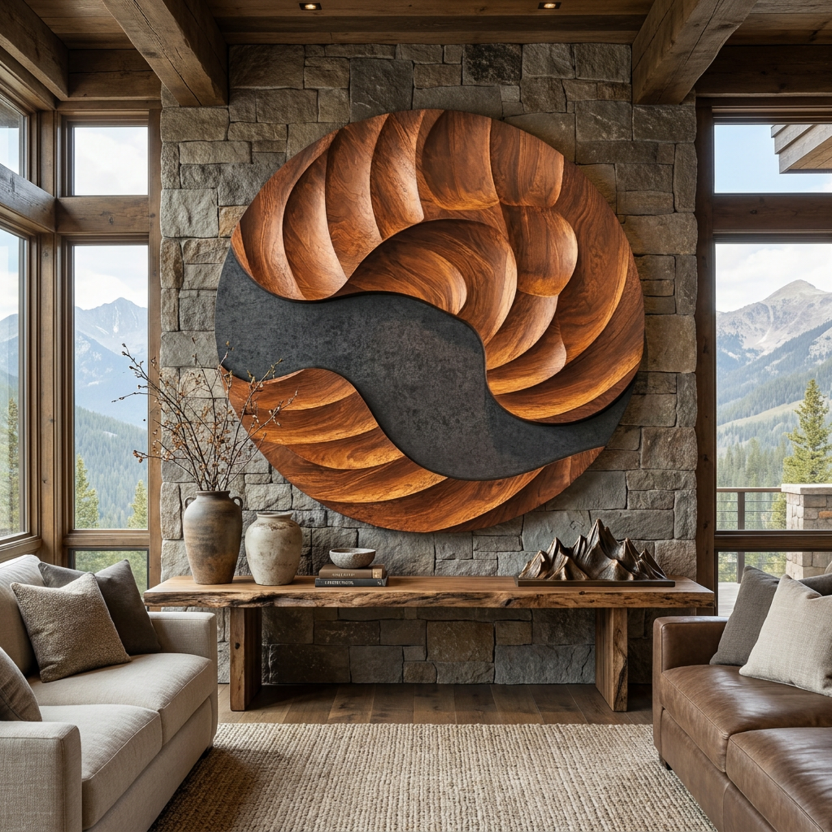 Solid Wood Abstract Wall Art with Swirling Cutout and Layered Carved Grain