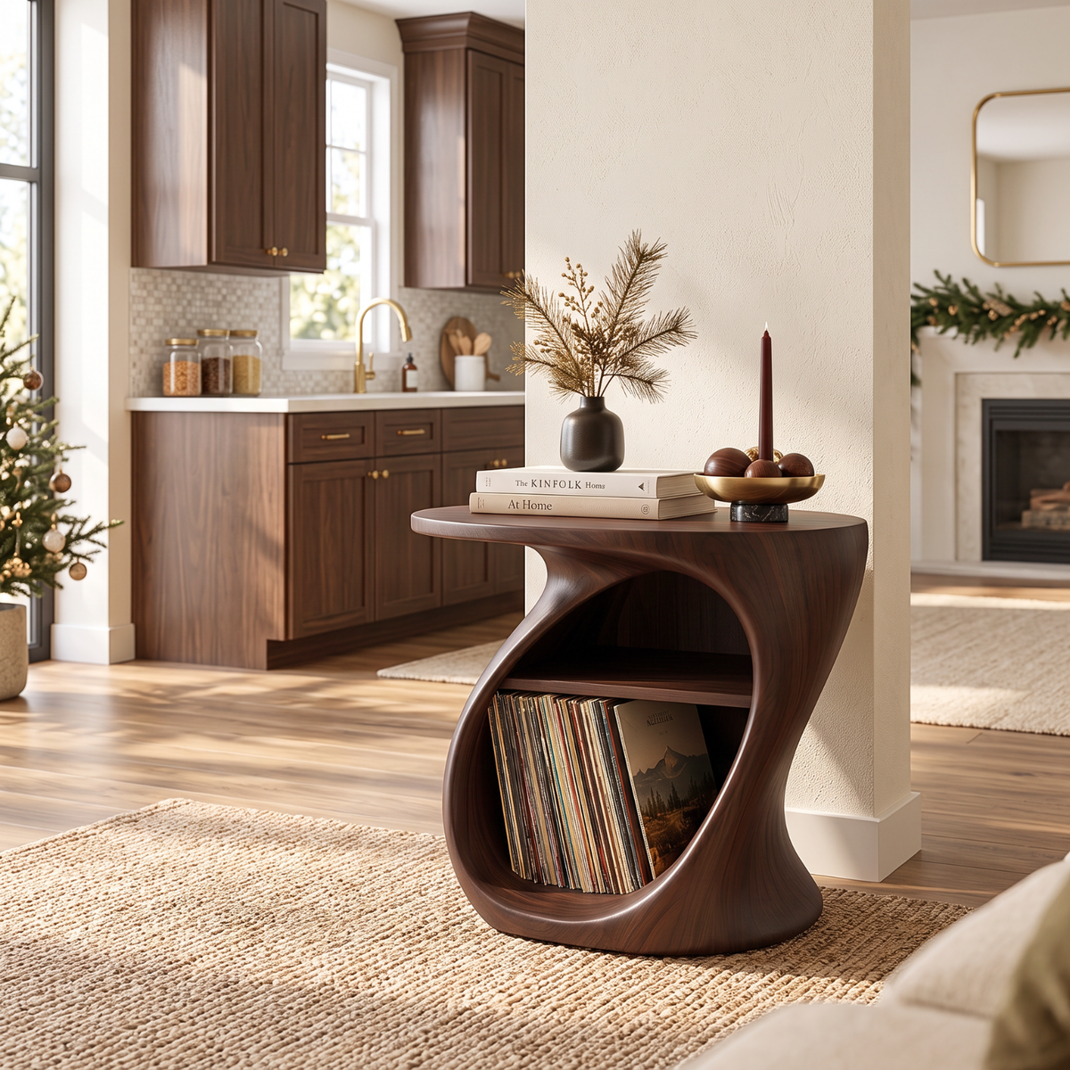 Organic Solid Wood Side Table with Open Shelf and Vinyl Record Storage