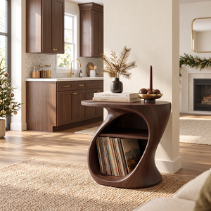 Organic Solid Wood Side Table with Open Shelf and Vinyl Record Storage