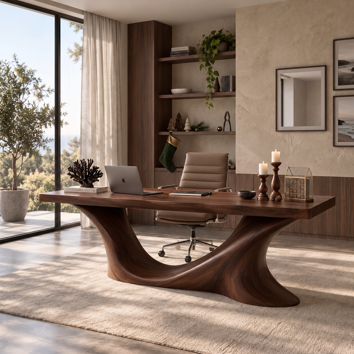 Handcrafted Solid Wood Executive Desk with Sculptural Wave Base