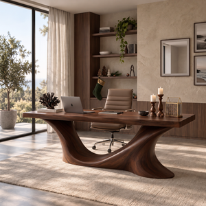 Handcrafted Solid Wood Executive Desk with Sculptural Wave Base