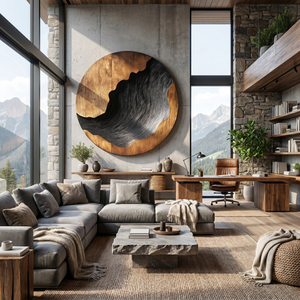 Oval Solid Wood Wall Sculpture with Dark Textured Relief and Natural Grain Contrast