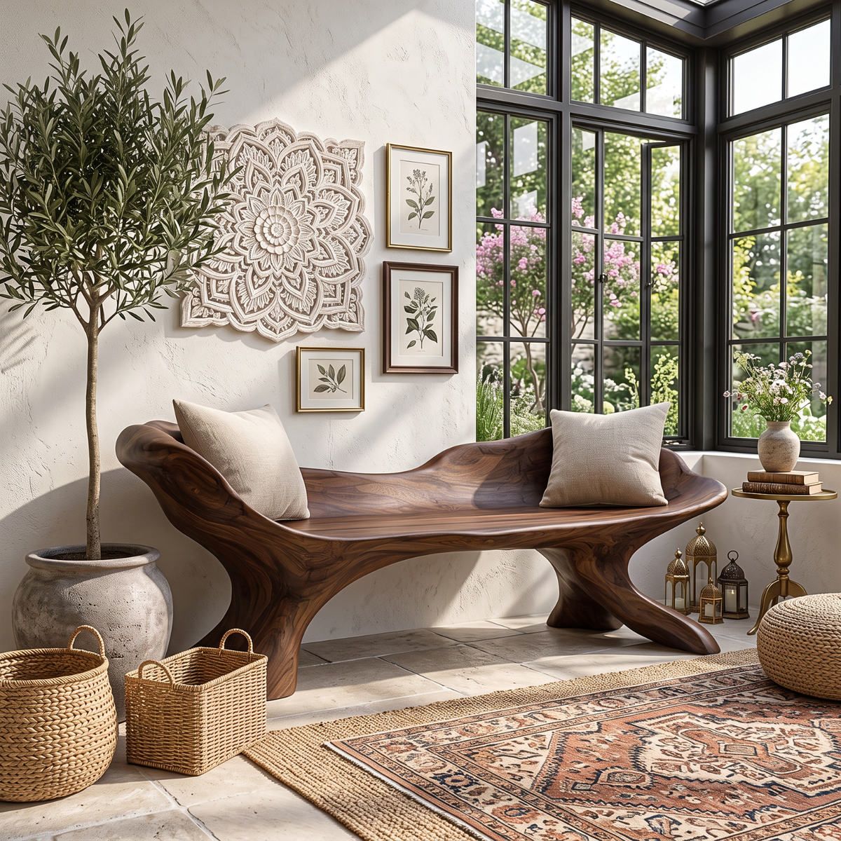 Curved Solid Wood Outdoor Bench with Sculptural Wing Backrest