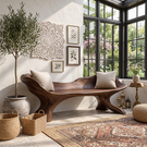 Curved Solid Wood Outdoor Bench with Sculptural Wing Backrest