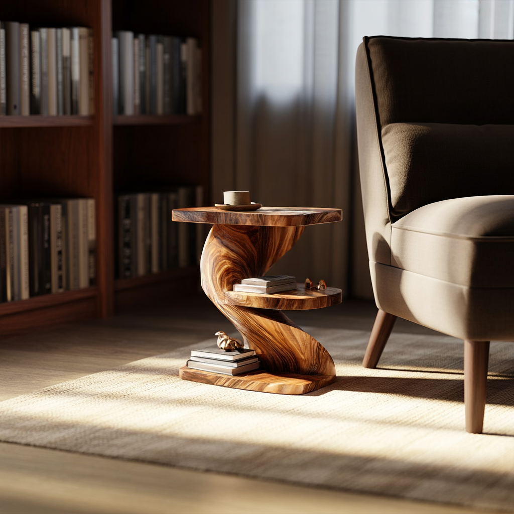 Sculptural Solid Wood Z Side Table with Shelves