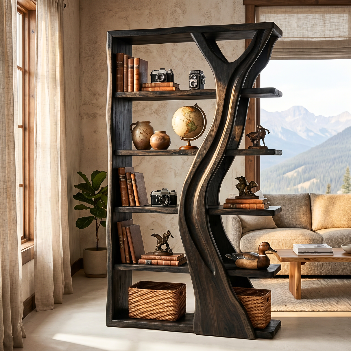 Handcrafted Solid Wood Tree Inspired Bookshelf for Organic Modern Interiors
