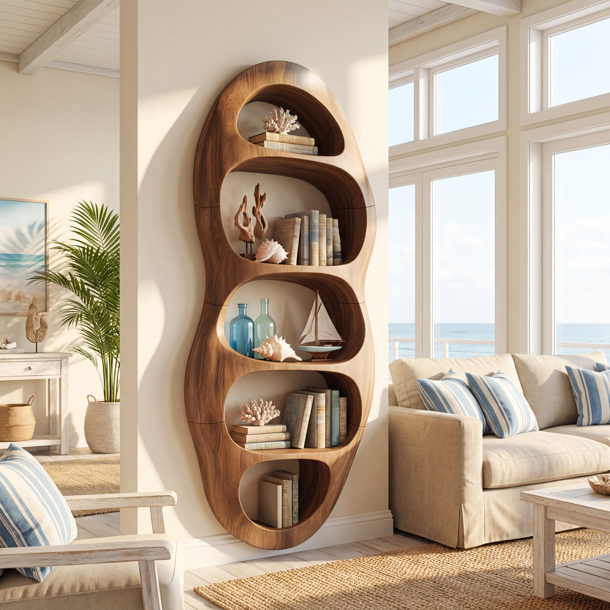Vertical Organic Wood Bookcase with Sculpted Open Niches