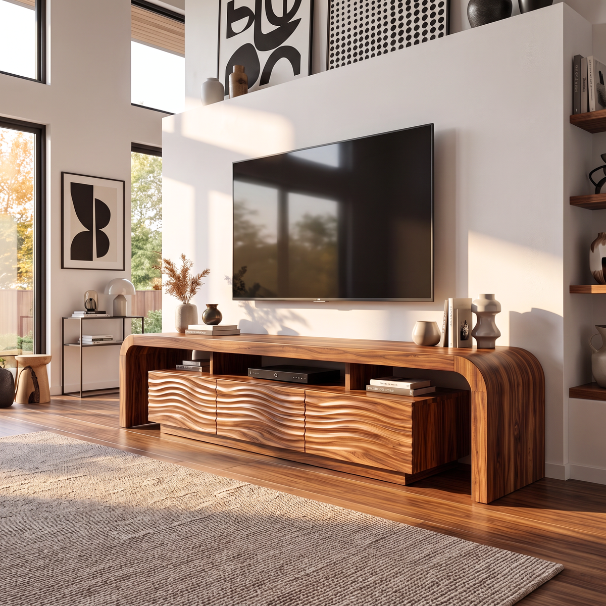 TV Stand with Waterfall Edge Frame and Sculpted Ripple Cabinet Doors