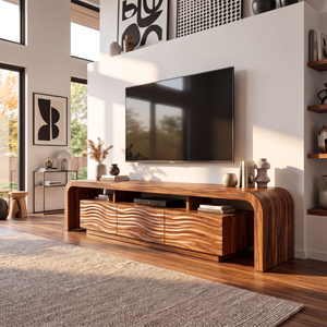 TV Stand with Waterfall Edge Frame and Sculpted Ripple Cabinet Doors