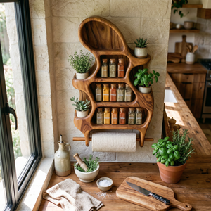 Organic Solid Wood Wall Spice Organizer with Plant Shelves and Towel Roll Holder