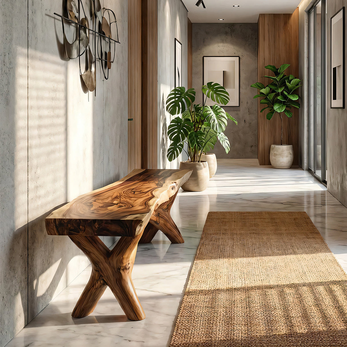 Sculptural Solid Wood Bench with Organic Base for Modern Interiors