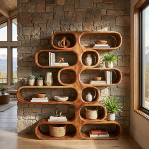 Handcrafted Solid Wood Organic Bookshelf with Rounded Open Display Shelves