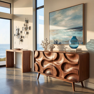 Sculpted Walnut Wood Sideboard Cabinet for Living Room or Dining Room