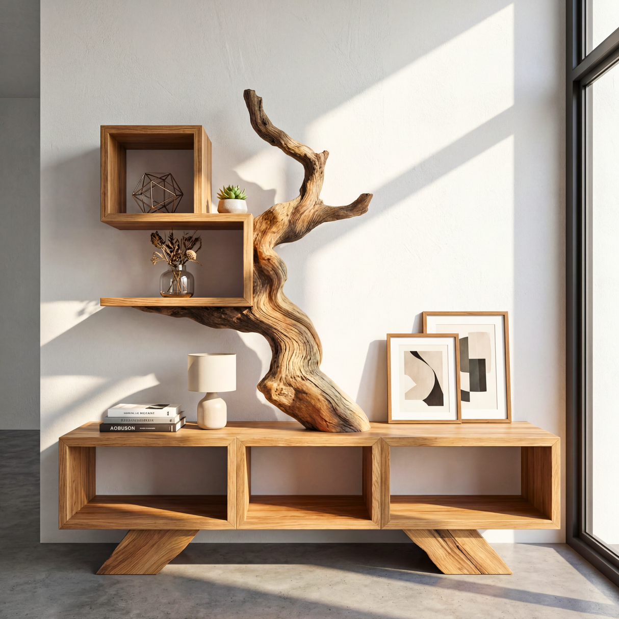Solid Wood Sculptural Bookshelf with Tree Form Organic Modern Display Shelf Storage Unit