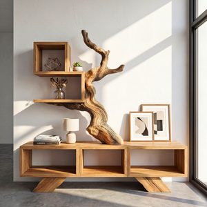 Solid Wood Sculptural Bookshelf with Tree Form Organic Modern Display Shelf Storage Unit