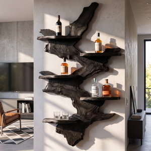Wall Mounted Wine Rack Solid Wood with Sculptural Live Edge Slab and Floating Shelves
