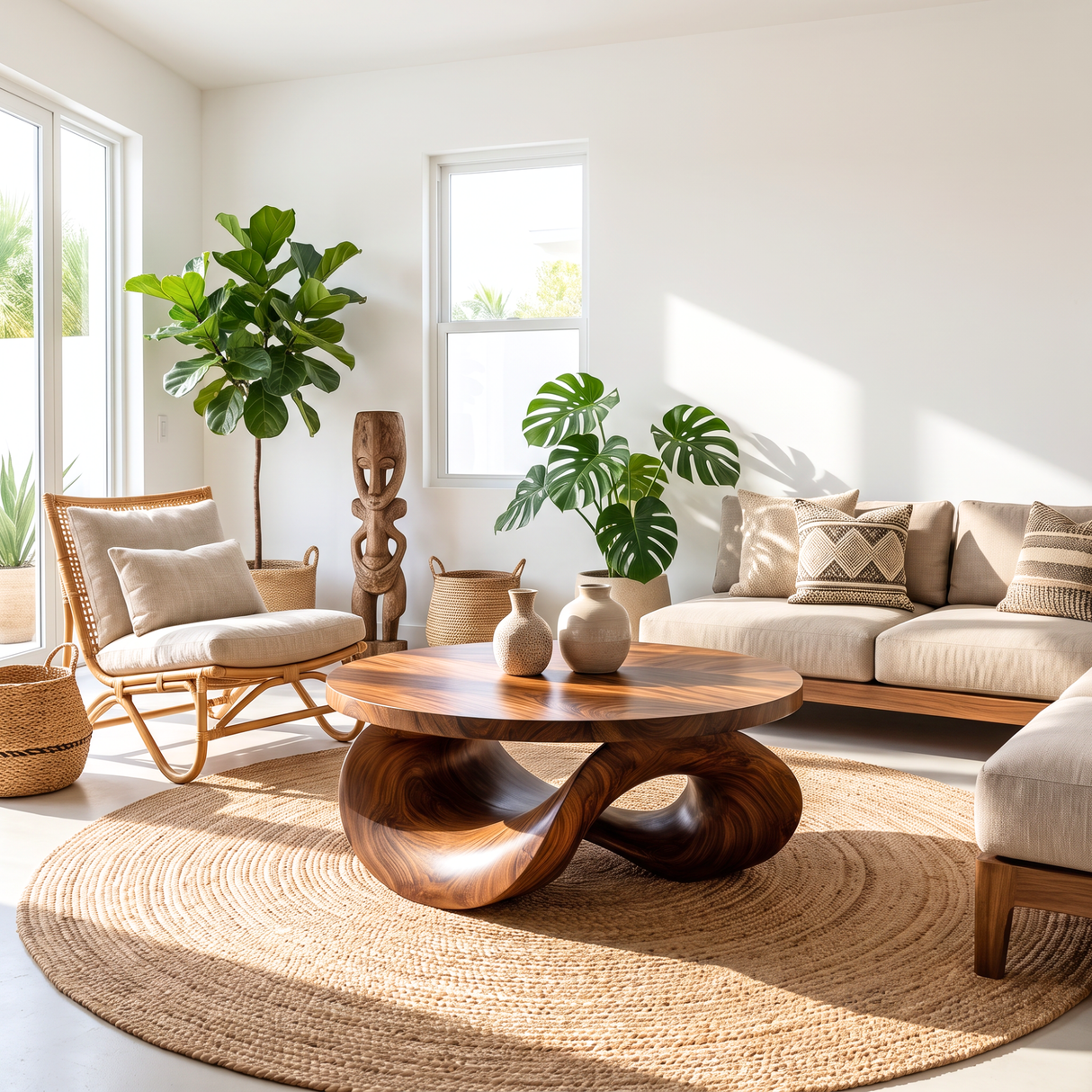 Coffee Table Solid Wood with Sculptural Intertwined Loop Base