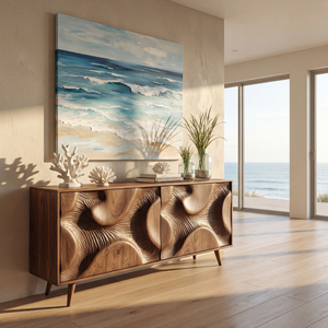 Sculpted Relief Solid Wood Sideboard Cabinet for Living and Dining
