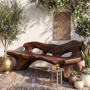 Handcrafted Outdoor Solid Wood Garden Bench with Sculptural Organic Backrest