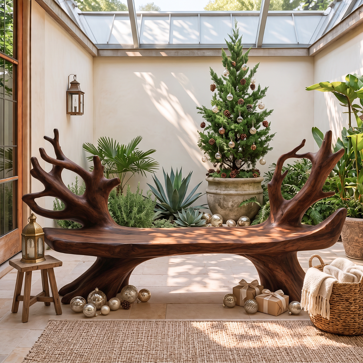 Sculptural Solid Wood Garden Bench with Organic Branch Backrest for Outdoor Patio