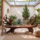 Sculptural Solid Wood Garden Bench with Organic Branch Backrest for Outdoor Patio