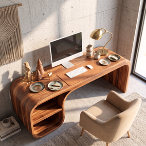 Sculptural Curved Solid Wood Desk With Open Shelf For Home Office