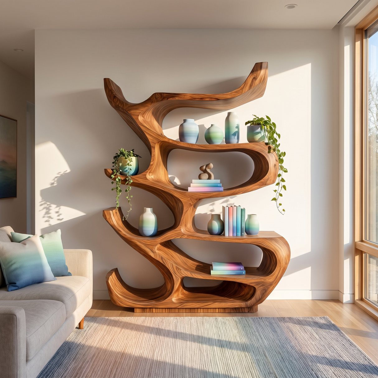 Bookshelf Solid Wood with Sculptural Organic Loop Shelves