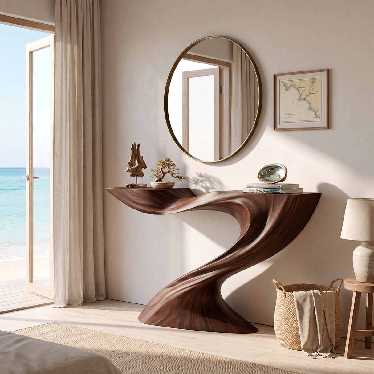 Console Table Solid Wood with Sculptural Swooping Pedestal for Entryway Decor