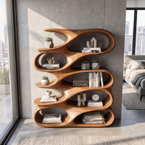 Abstract Loop Wood Display Shelf with Flowing Open Compartments